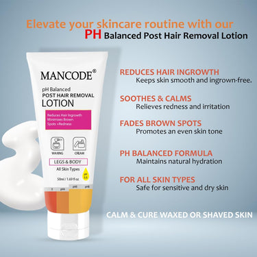 Mancode PH Balanced Post Hair Removal Lotion for Women & Men - 50ml | Reduces Ingrown Hairs, Minimises Brown Spots & Redness | Ideal After Waxing & Hair Removal Cream | Suitable for All Skin Types